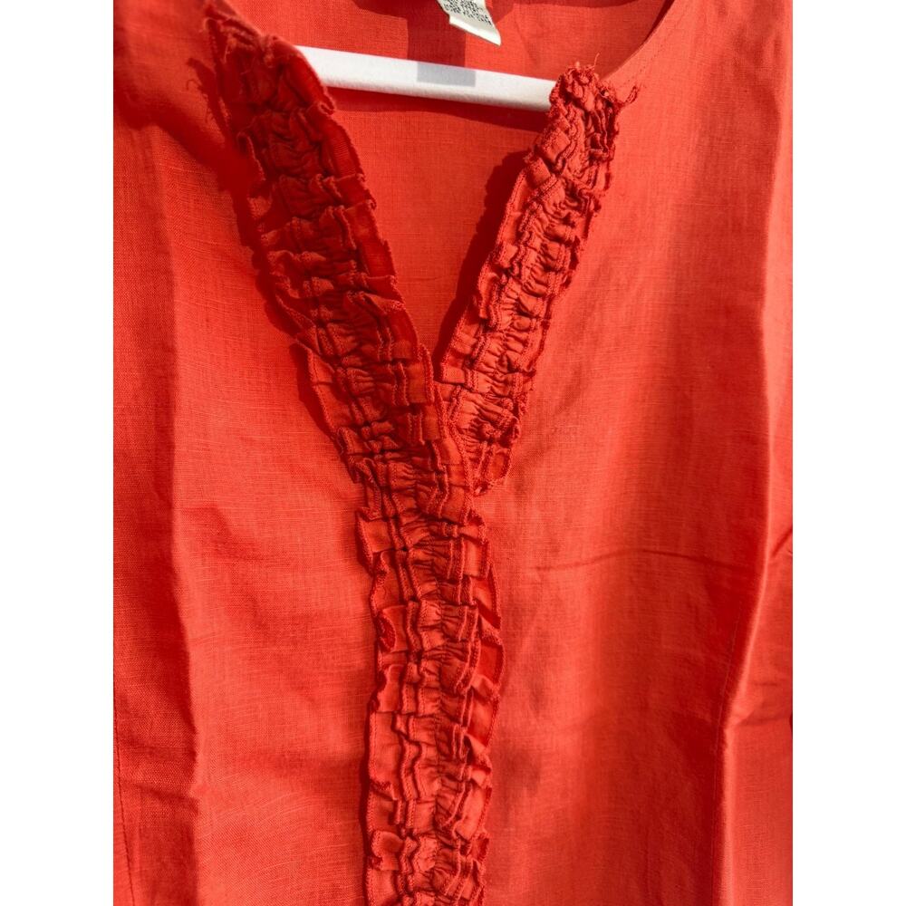 NWOT Linen blend Coral V-Neck Ruffle Trim tunic top tomato red festive Size-XL - Picture 4 of 8